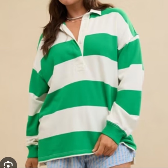 Aerie Green White Stripe Prep Rally Rugby Sweatshirt Oversized Size XS Women’s - Picture 2 of 14